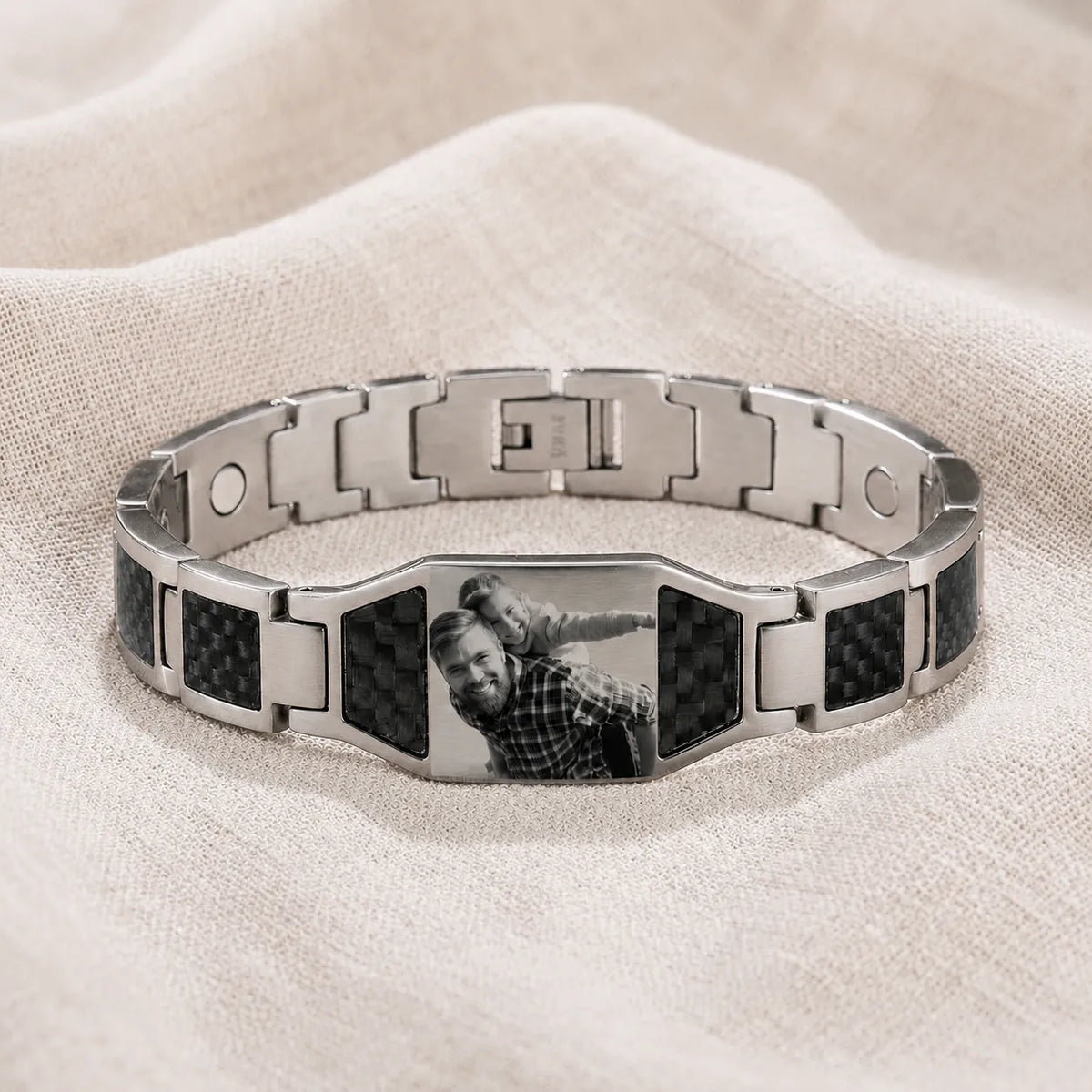 Silver carbon fiber photo bracelet with a custom father and child portrait
