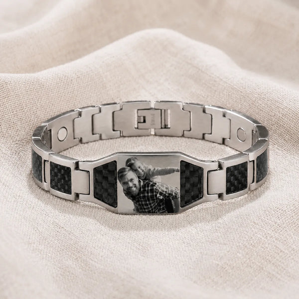 Silver carbon fiber photo bracelet with a custom father and child portrait