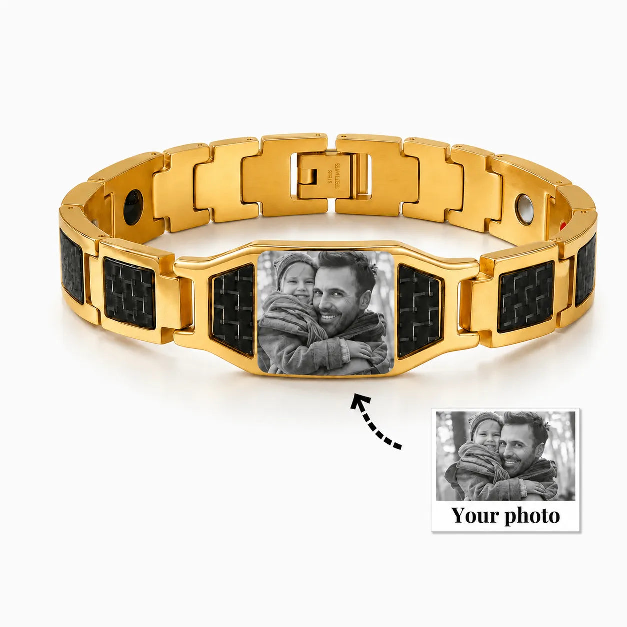 Gold personalized photo bracelet showing custom image placement