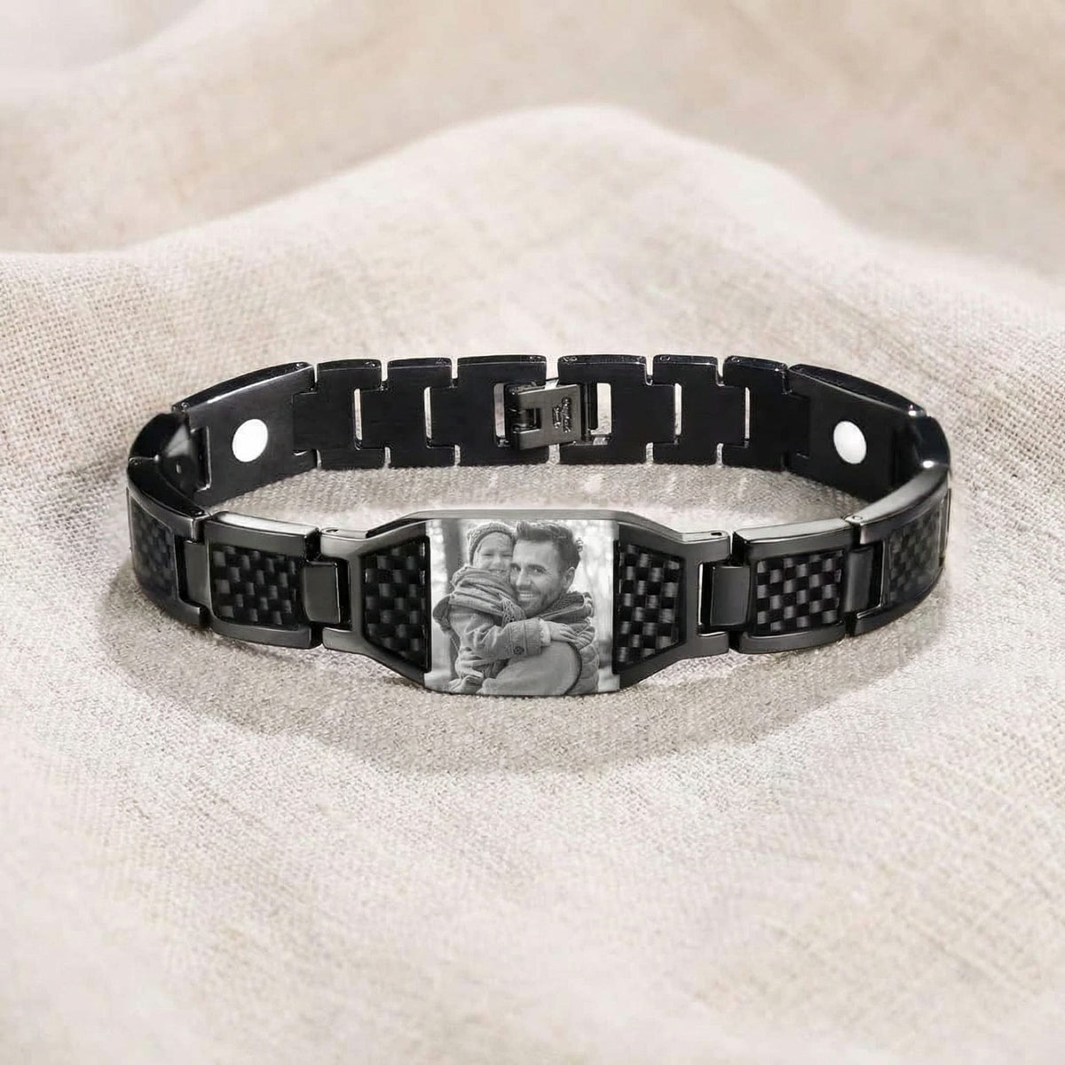 Black carbon fiber photo bracelet with a custom family portrait